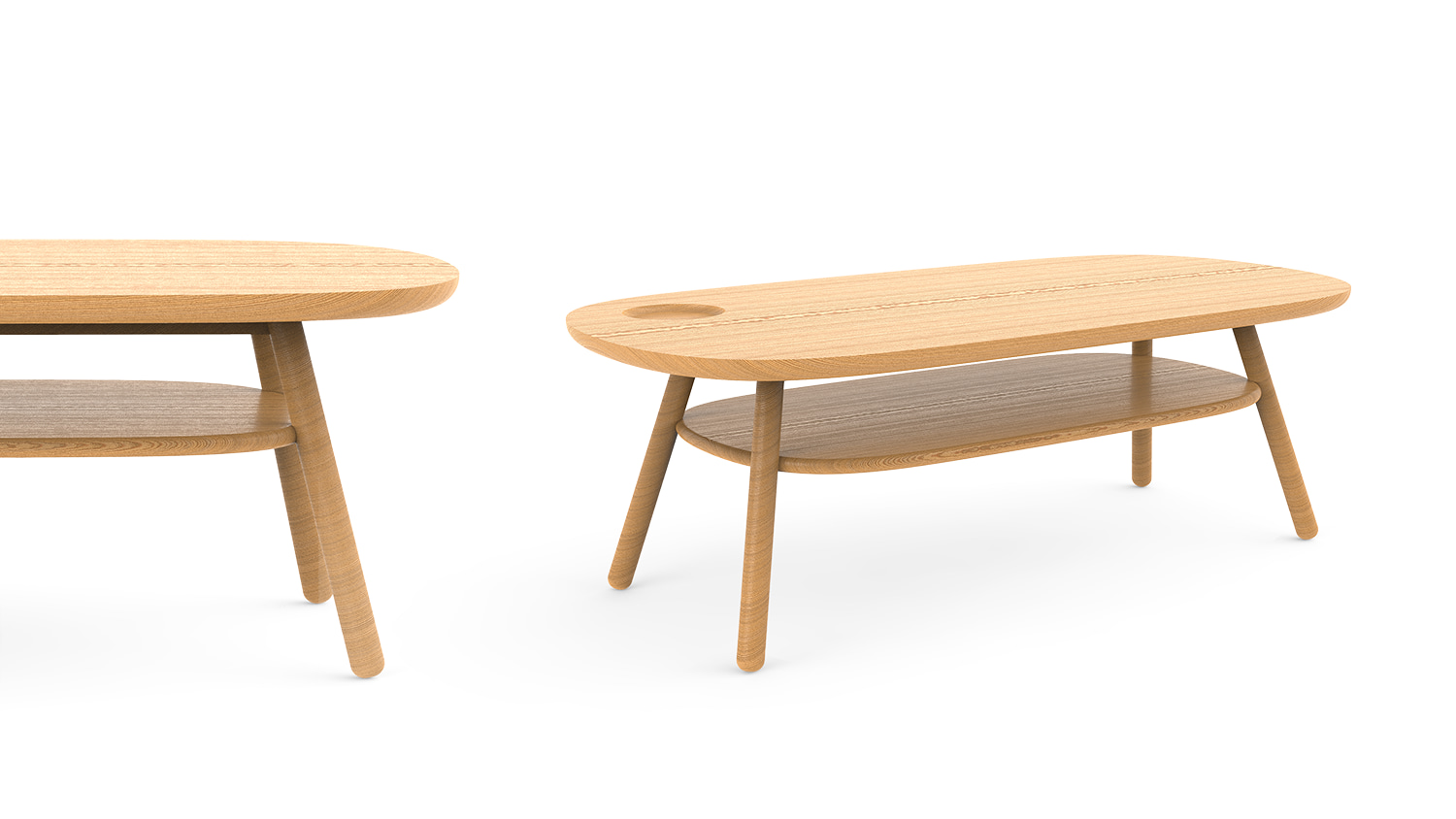 Rendu 3D design produit d'une table basse en bois avec une petite tablette de rangement et vide poche intégré