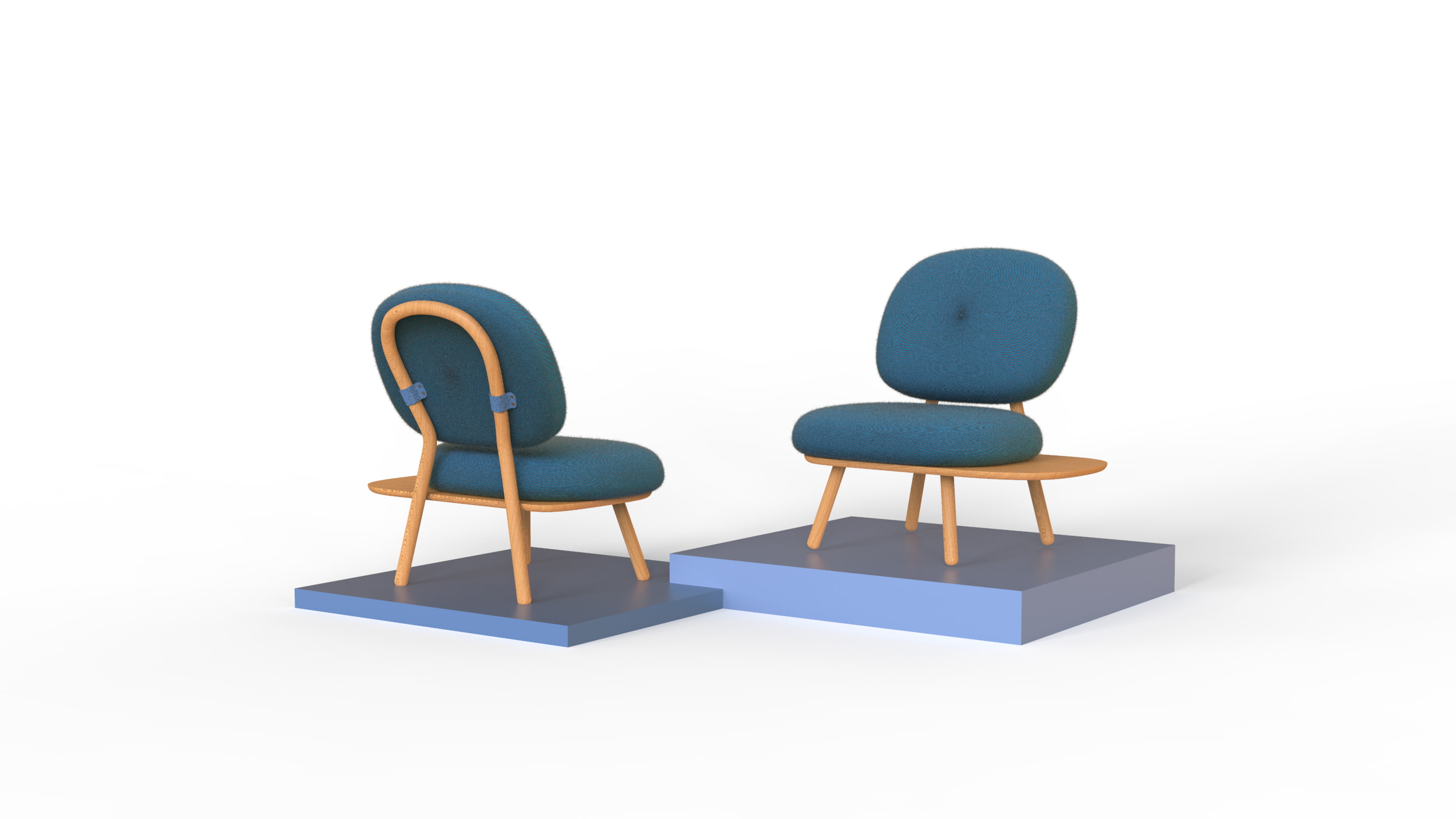 Rendu 3D design produit de deux fauteuils avec tablette en bois