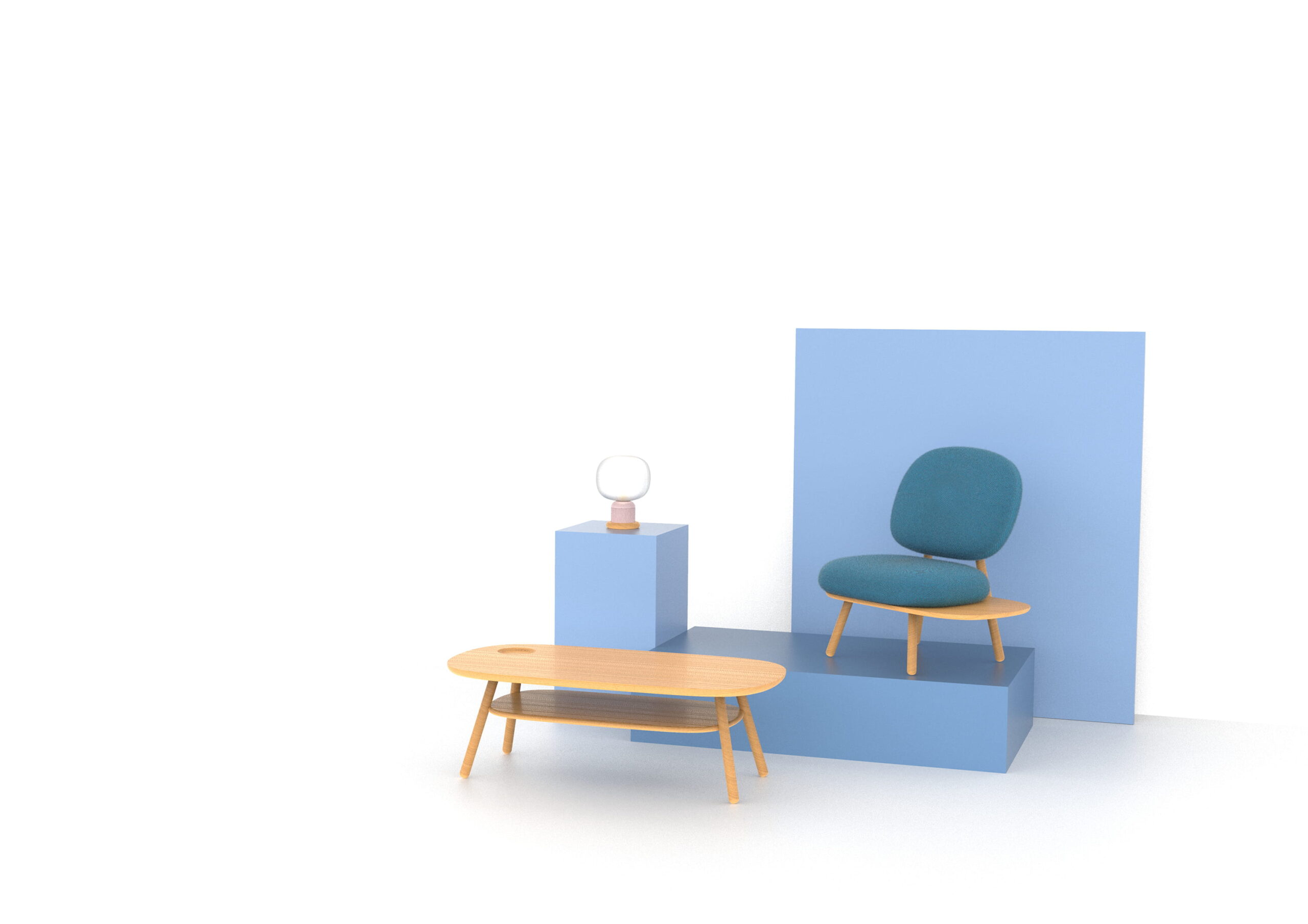 Rendu 3D design produit d'un ensemble de mobilier comportant une lampe, un fauteuil et une table basse