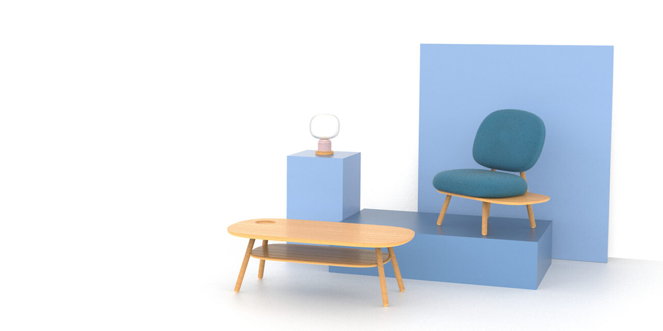 Rendu 3D design produit d'un ensemble de mobilier comportant une lampe, un fauteuil et une table basse