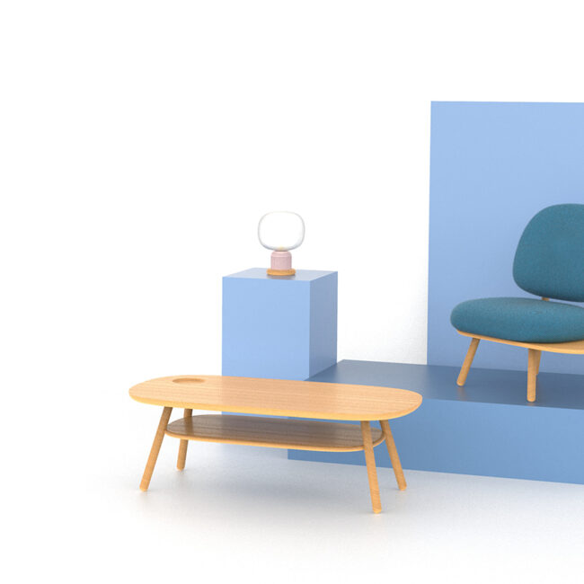 Rendu 3D design produit d'un ensemble de mobilier comportant une lampe, un fauteuil et une table basse