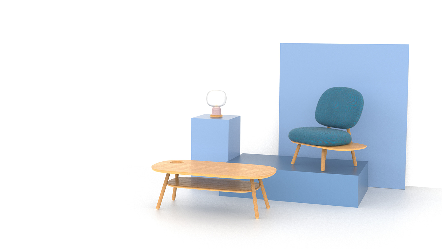 Rendu 3D design produit d'un ensemble de mobilier comportant une lampe, un fauteuil et une table basse